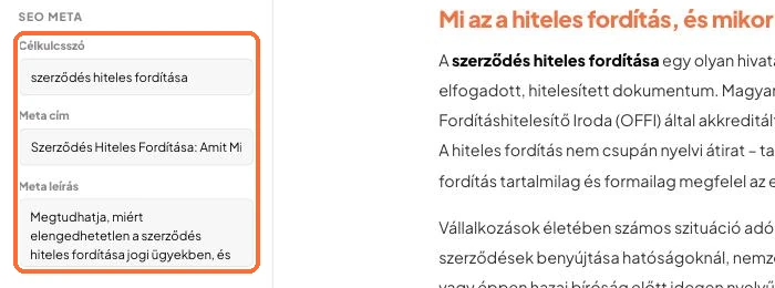 A SEO meta panel és az ellenőrzőlista