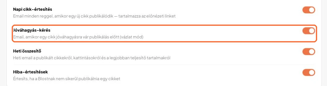 Az Értesítések oldal: a Jóváhagyás-kérés kapcsoló