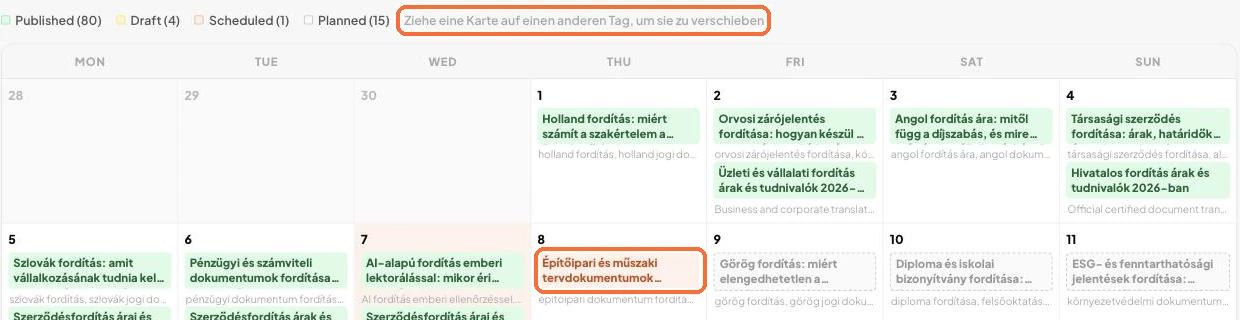 Der Kalender: die Karte eines vorgemerkten Artikels und der Hinweis „Ziehe eine Karte auf einen anderen Tag, um sie zu verschieben“