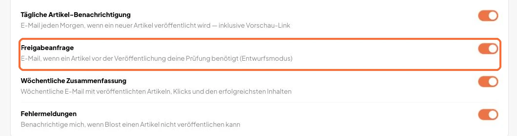 Die Seite Benachrichtigungen: der Schalter Freigabeanfrage