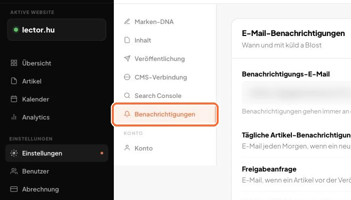 Die Seite Benachrichtigungen