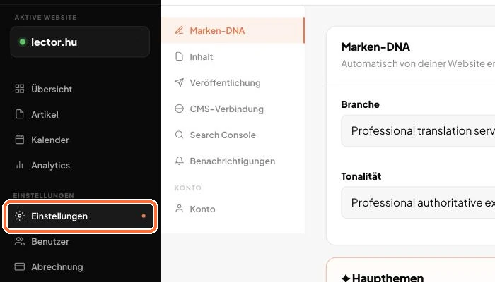 Das linke Menü, Einstellungen ist markiert