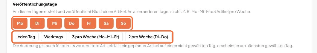 Die Zeile Veröffentlichungstage: Mo, Mi, Fr ausgewählt, daneben die Schnellauswahl-Buttons