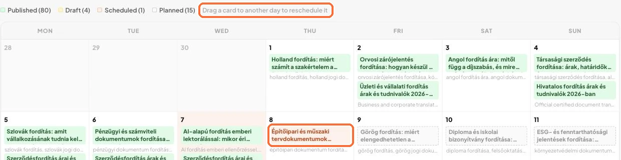 The Calendar: a planned article’s card and the “Drag a card to another day to reschedule it” hint
