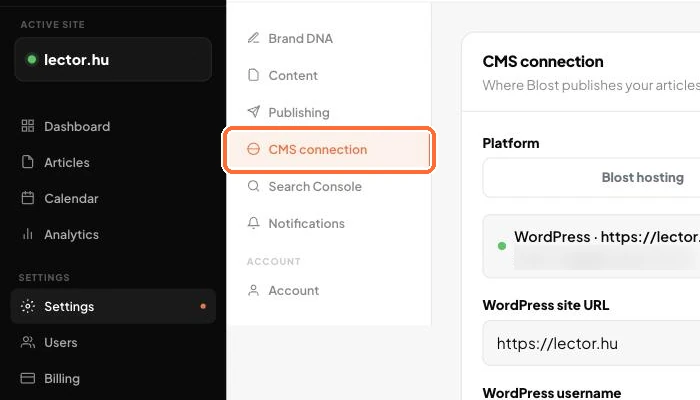 The CMS connection page