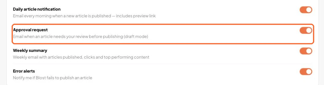 The Notifications page: the Approval request toggle