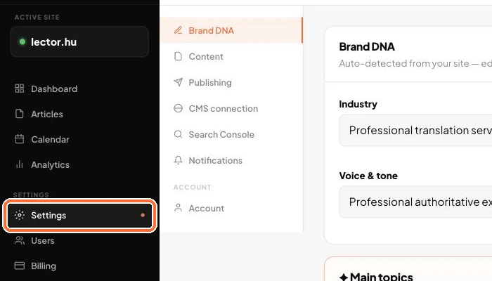 The left menu with Settings selected
