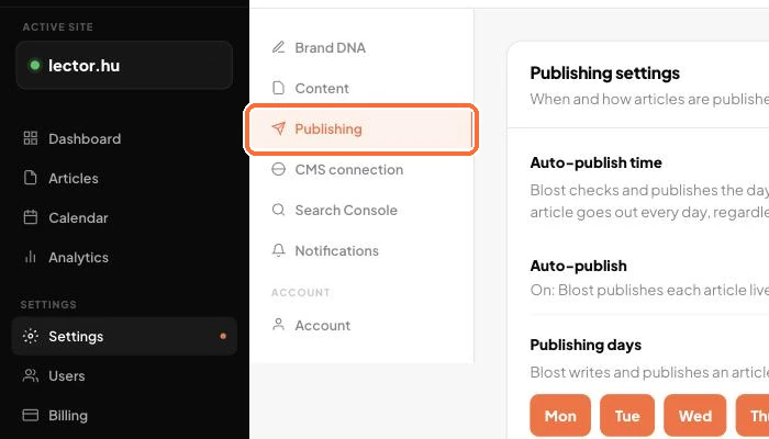 The settings list with Publishing selected