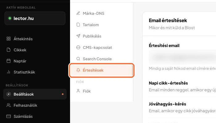 Az Értesítések oldal