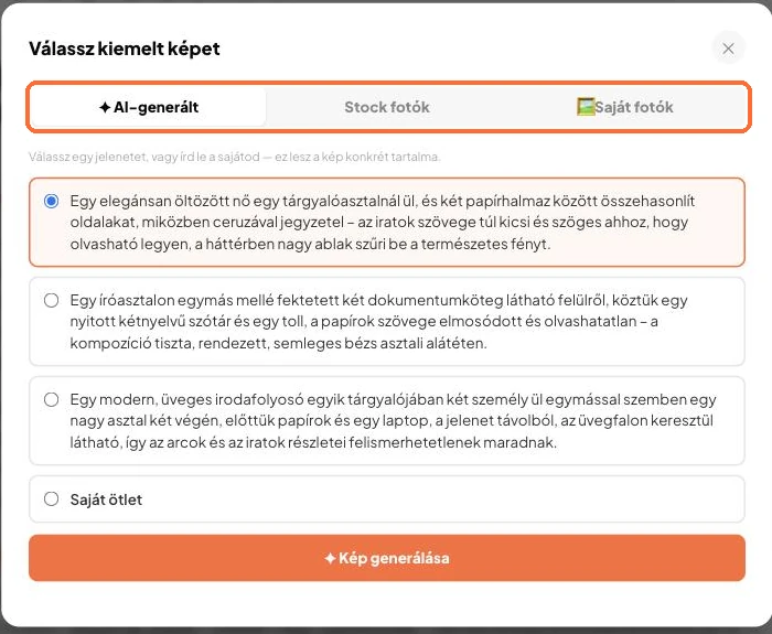 A Válassz kiemelt képet ablak