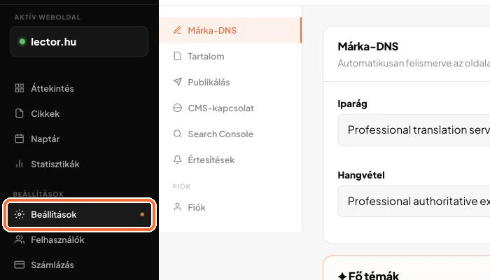 A bal oldali menü, a Beállítások kijelölve