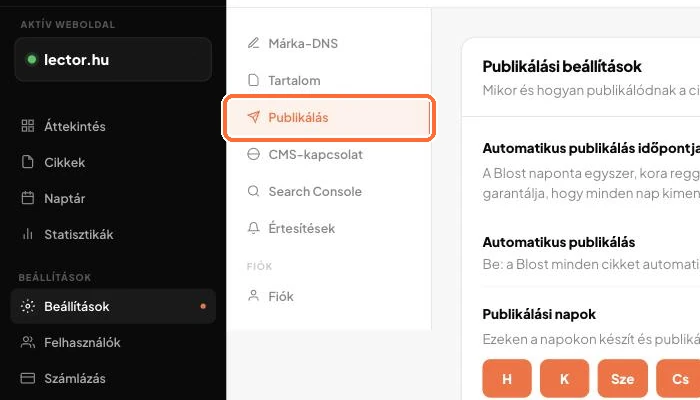 A beállítások listája, a Publikálás kijelölve