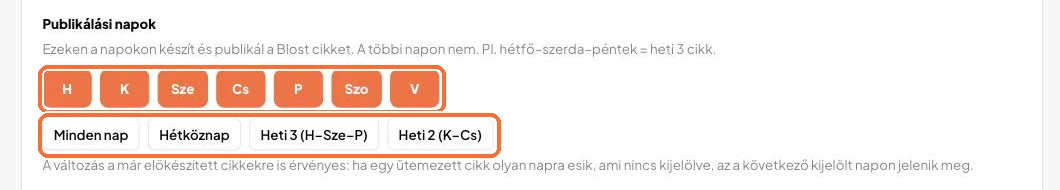 A Publikálási napok sor: H, Sze, P kijelölve, mellette a gyors gombok